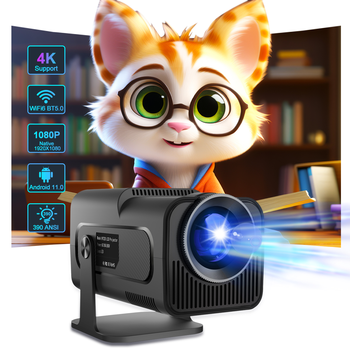 Hot Sell Portable Projector HY320 With Android 11.0 Dual Wifi6 Native Home Theater 1080P Support 390 ANSI Lumens