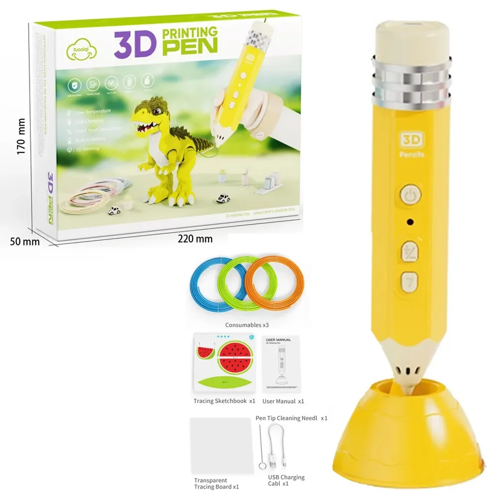 P16 Safe Low-Temperature 3D Printing Pen with Cute Pencil Design, USB Rechargeable 3D Drawing Pen for Educational Creative Activities