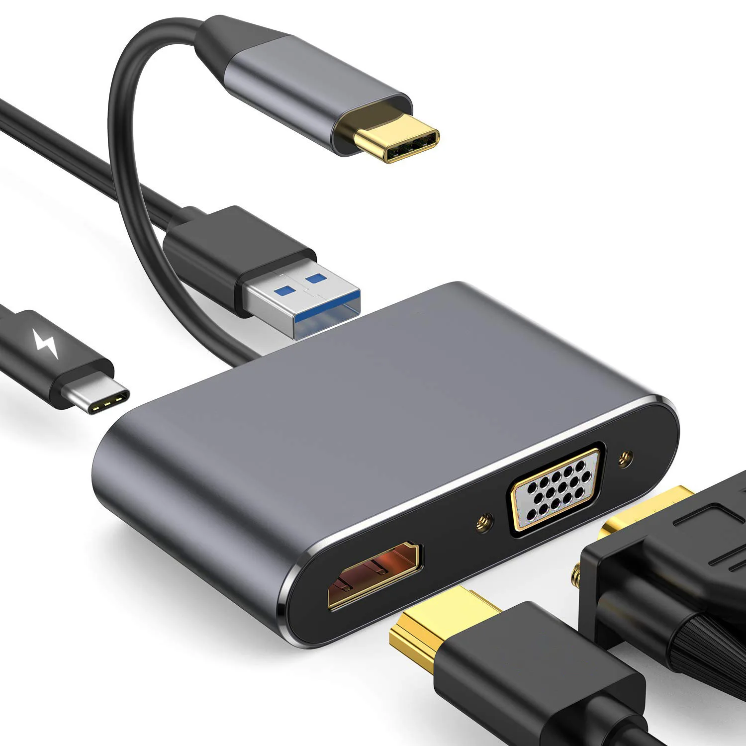 4-in-1 USB-C to VGA HDTV Converter Aluminium Alloy USB 3.0 Cable Adapter 5Gbps Speed for Data Transfer Products Stock