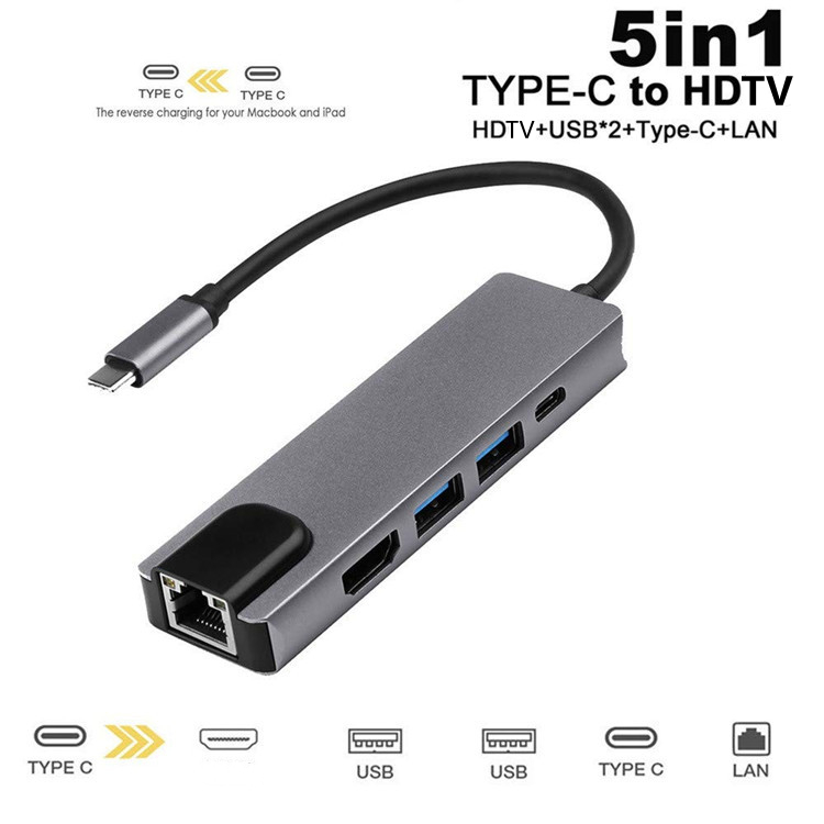 XY-25 Type C Ethernet Lan Port Gigabit 100Mbps Hub Usb C to Rj45 Adapter 5 in 1 USB Hub