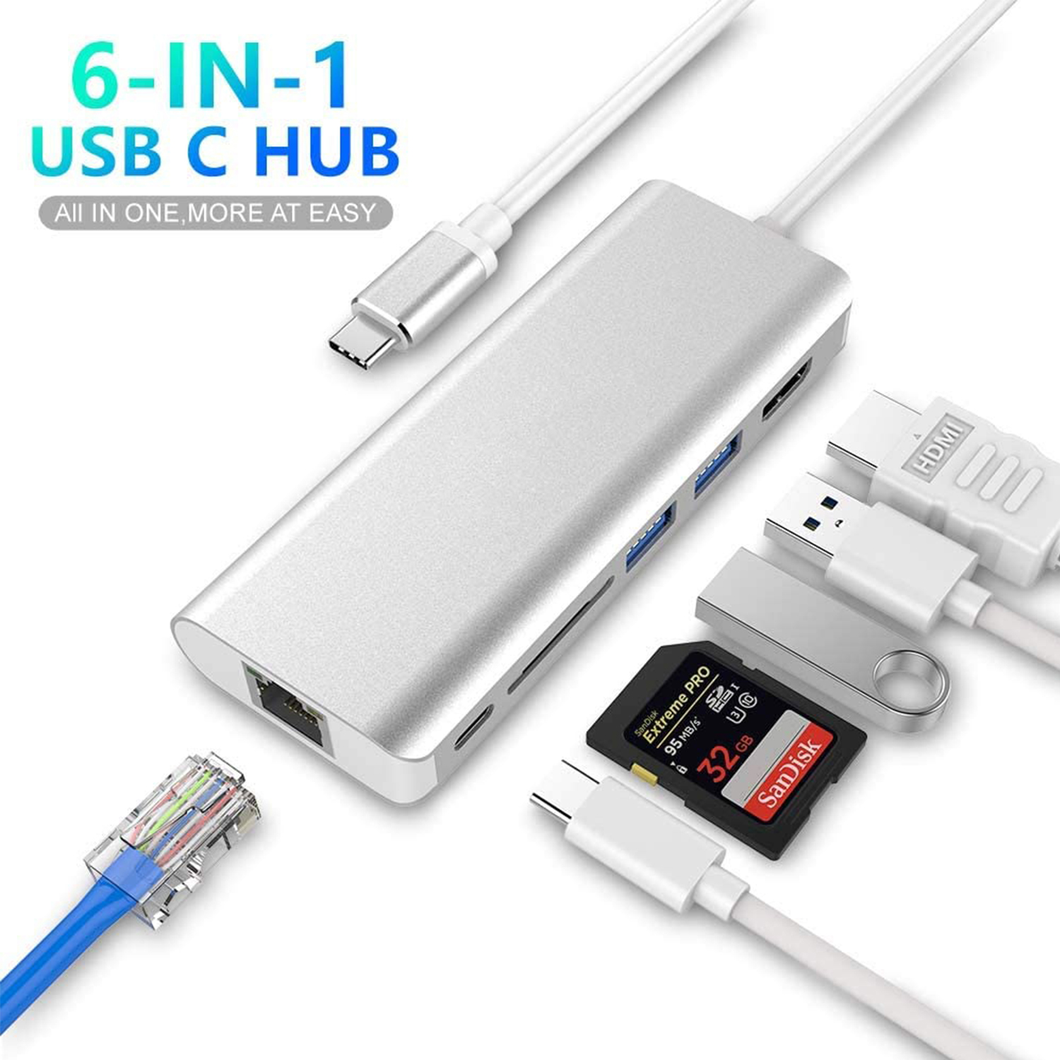XY-30 Multi-Port Type C Adapter with Gigabit Ethernet and HDMI 8-in-1 USB Hub