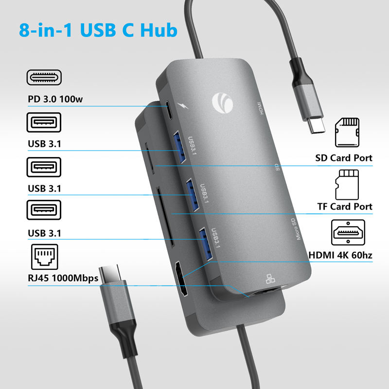 XY-38 Type-C Hub Adapter Dock Station with 4K HDMI 10Gbps USB3.1 RJ45 SDTF Card Reader USB-C PD Charging Adapter