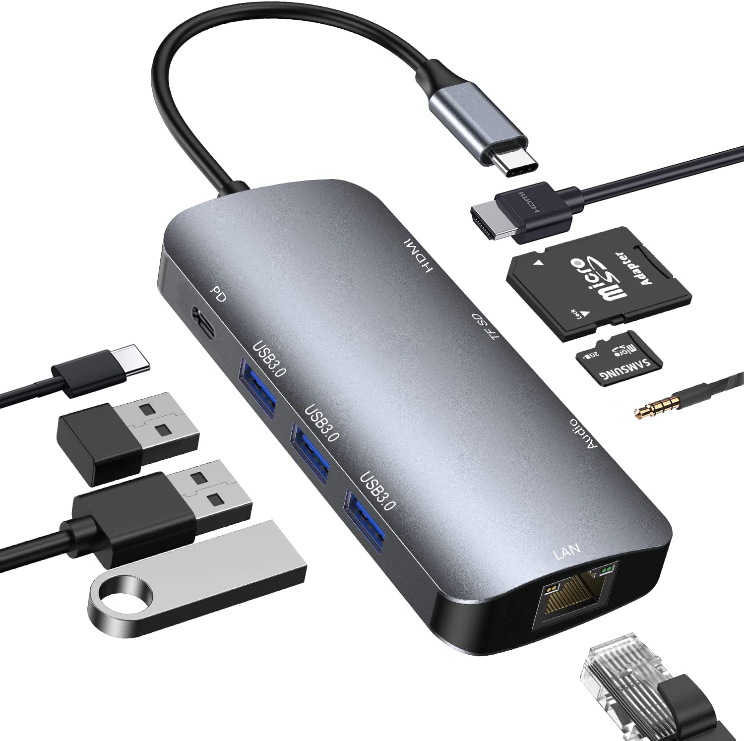 XY-40 TYPE-C to HDTV PD Charger USB-C Data Transfer SD/TF Card USB 3.0*3 USB Adapter Hub