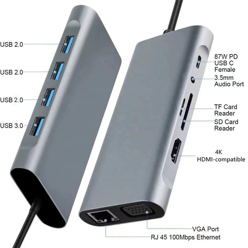 XY-44 Computer Hardware Software Aluminum 11 in 1 Type c to 4k hdmi Vga 100M RJ45 Usb Charging Hub Type c Docking Station for Laptop