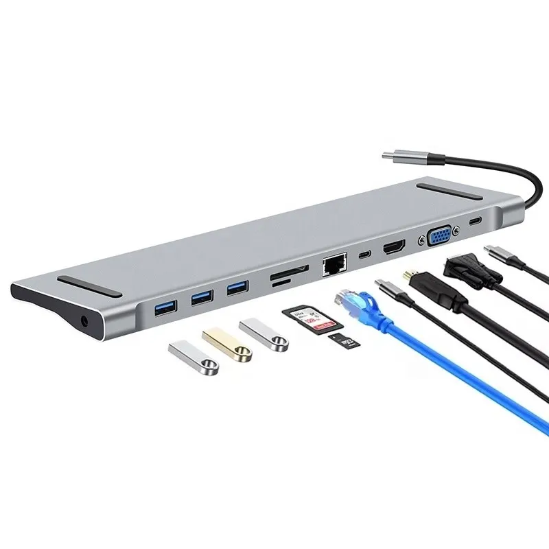 XY-47 USB C Docking Station HDMI VGA Gigabit Ethernet Multiport Adapter with Audio TF SD Card Reader