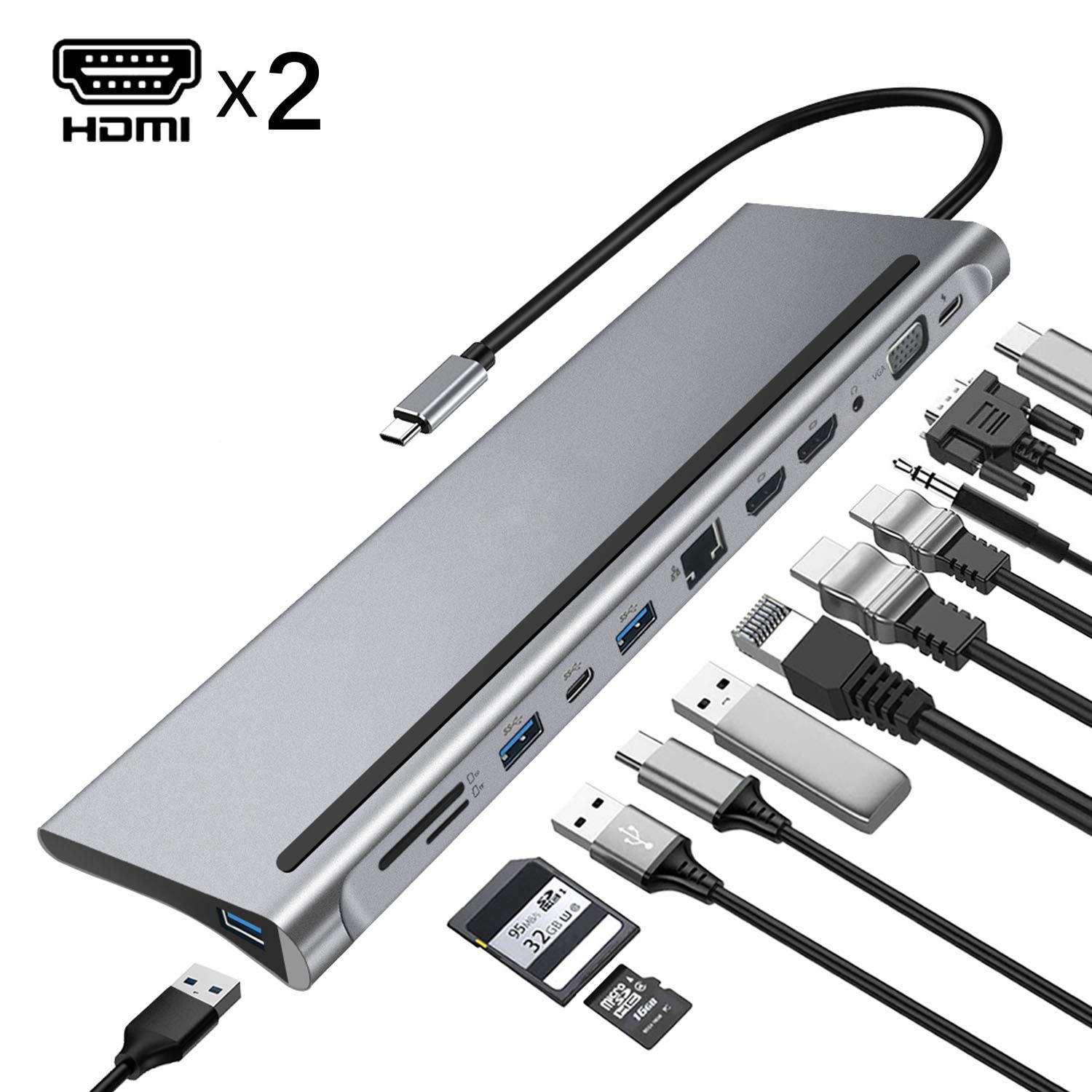 XY-51 Multi-Port Hub 11 in 1 USB Hub OEM PD100W Charging USB 3.0 RJ45 SD TF Dual HDTV 4K Type c Docking Station for Laptop